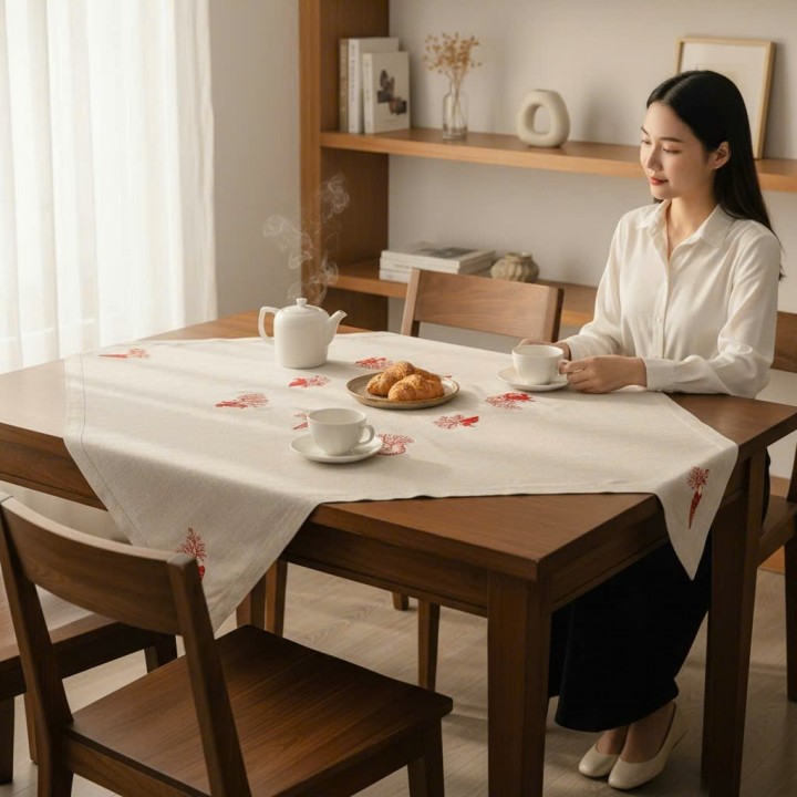 Khăn trải bàn vuông 90 lanh thêu san hô anh vũ đỏ